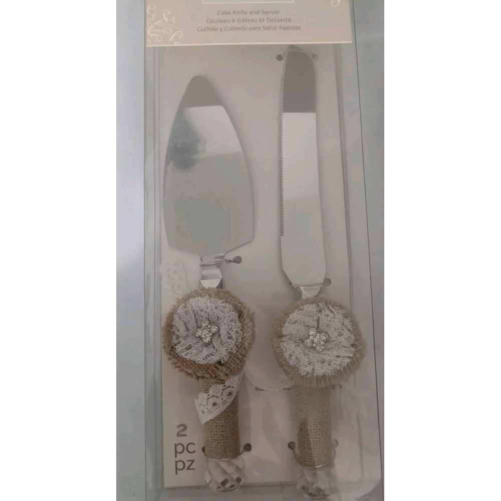 David Tutera Silver Cake Knife and Server Set with Burlap Handles
